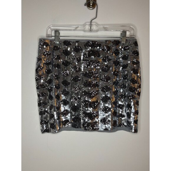 EXPRESS NEW Sequined Mini Skirt Womens S Silver Black Pull On Stretch Holiday - Picture 4 of 6